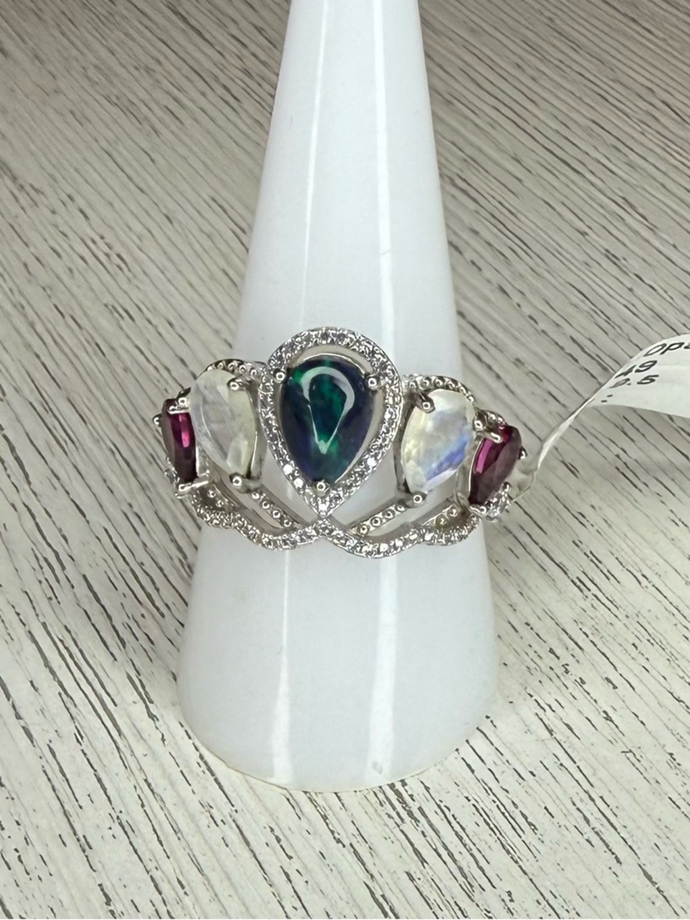 Black Opal & Moonstone Crown Ring with Rhodolite Garnet